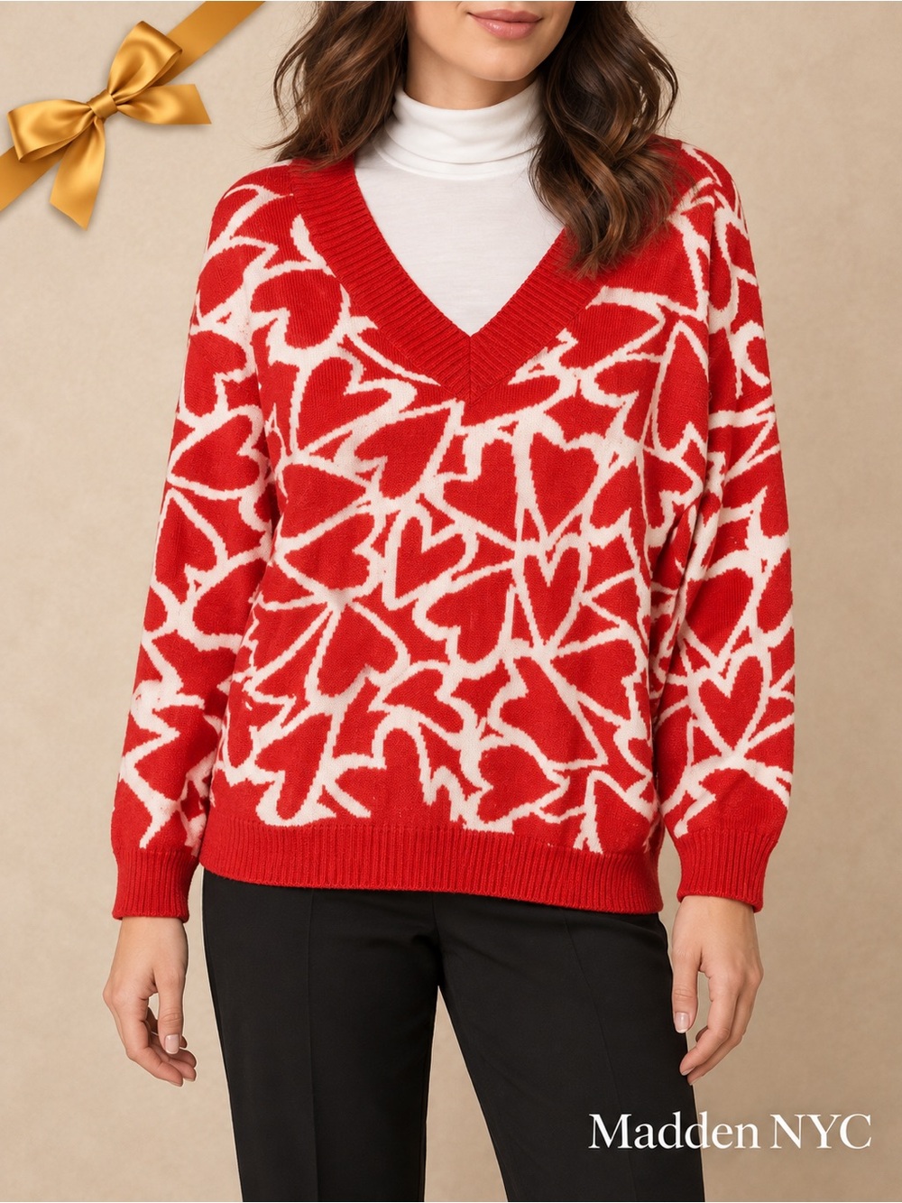 Madden NYC Red & White Heart Sweater Large